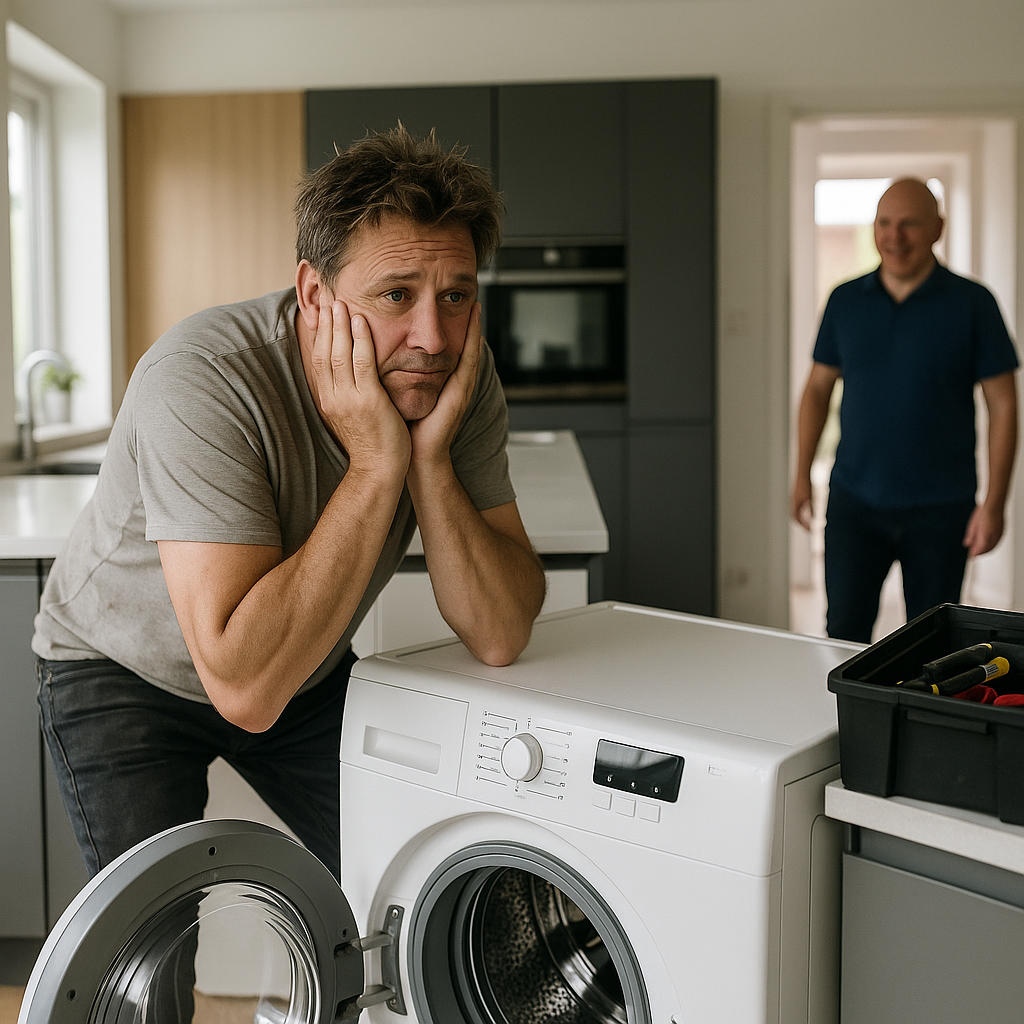 Frustrated homeowner with broken front-loading washing machine